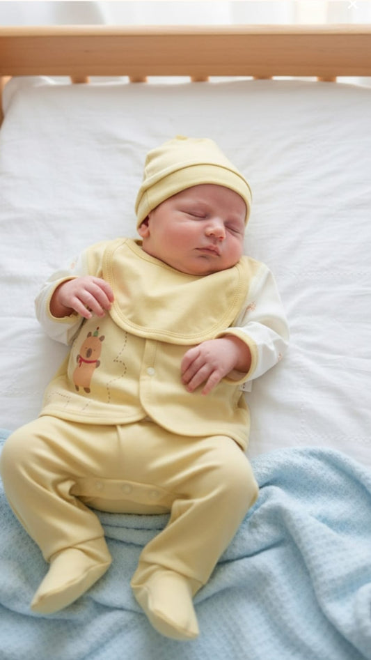 Newborn baby in a yellow outfit lying on a white blanket