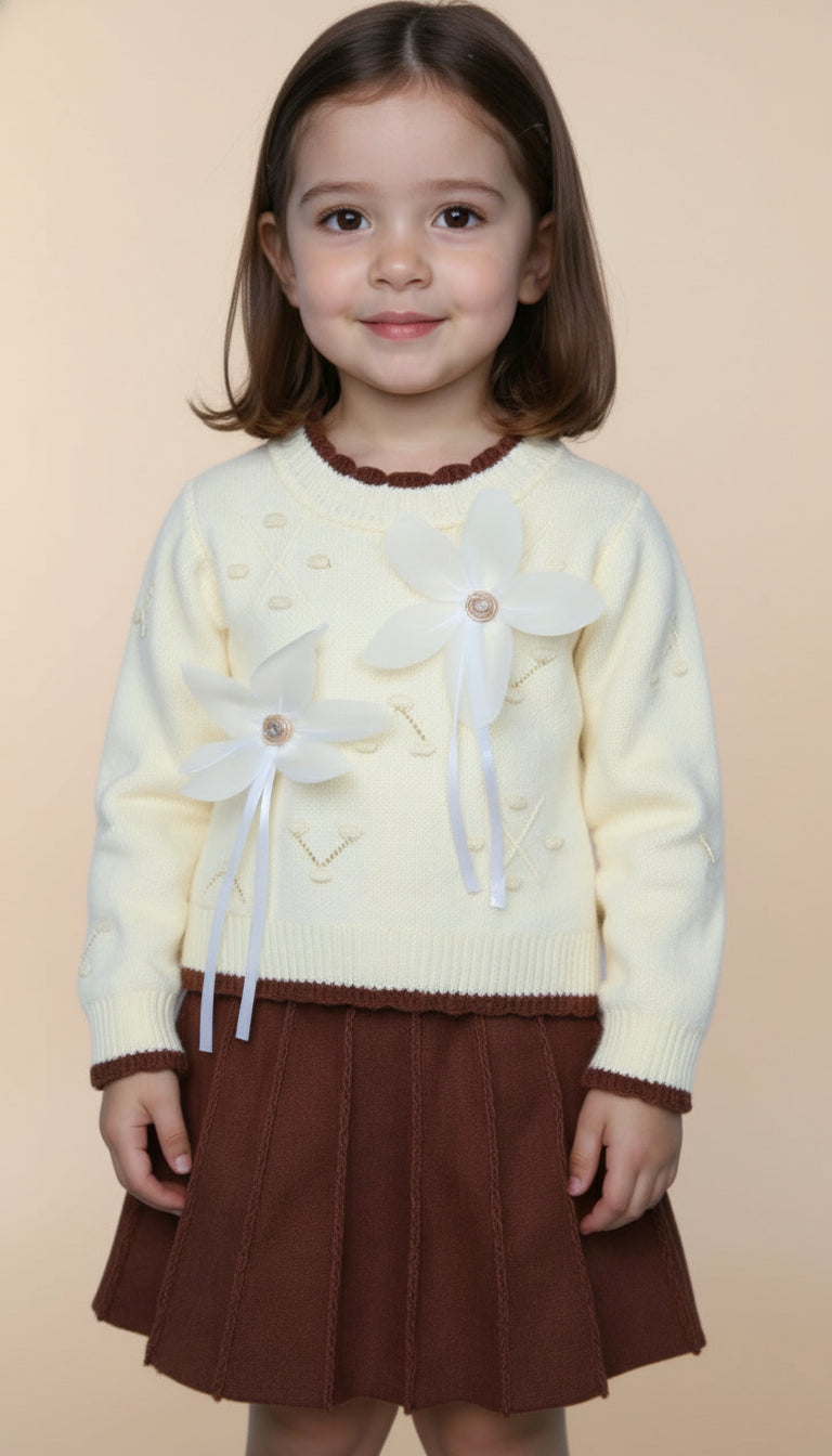 Autumn Bloom Wool Skirt & Shirt Set – Off-White & Dark Brown