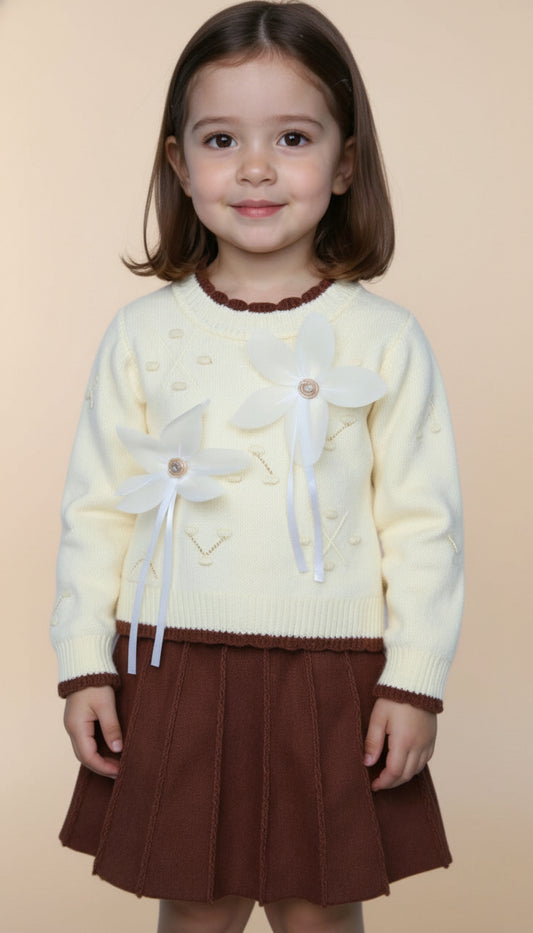 Autumn Bloom Wool Skirt & Shirt Set – Off-White & Dark Brown