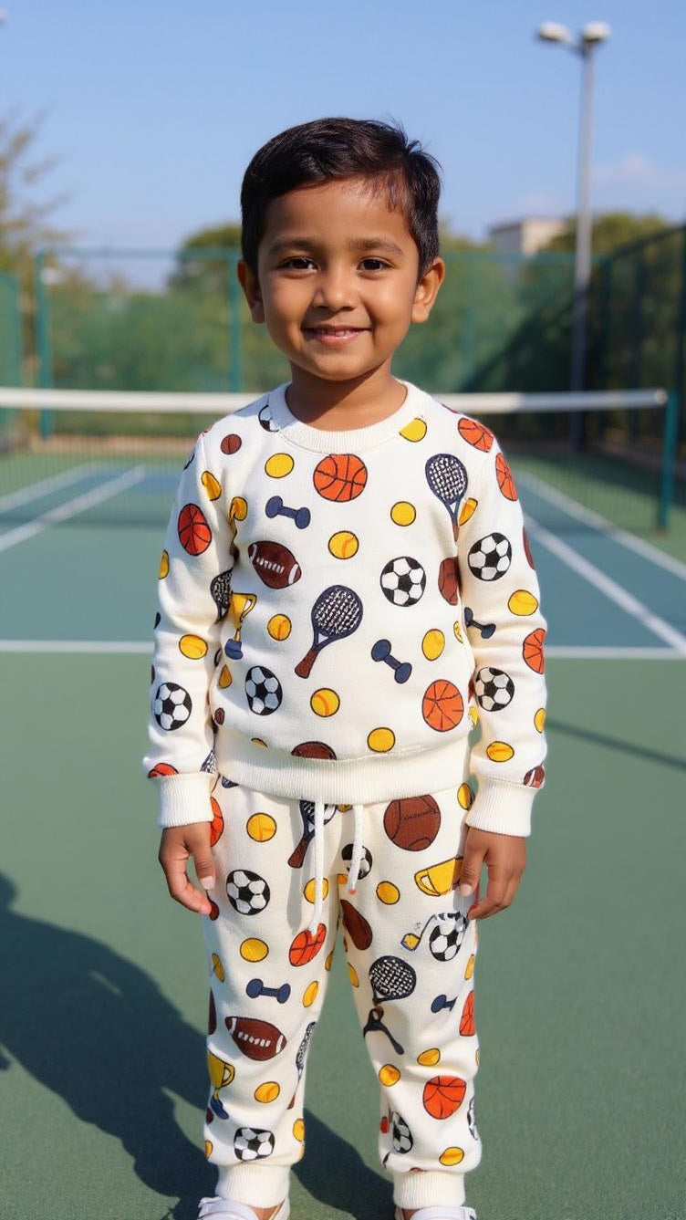 Child wearing a colorful sports-themed outfit on a tennis court