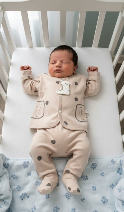 Newborn baby in a beige outfit lying on a crib with white mattress and blue floral blanket.